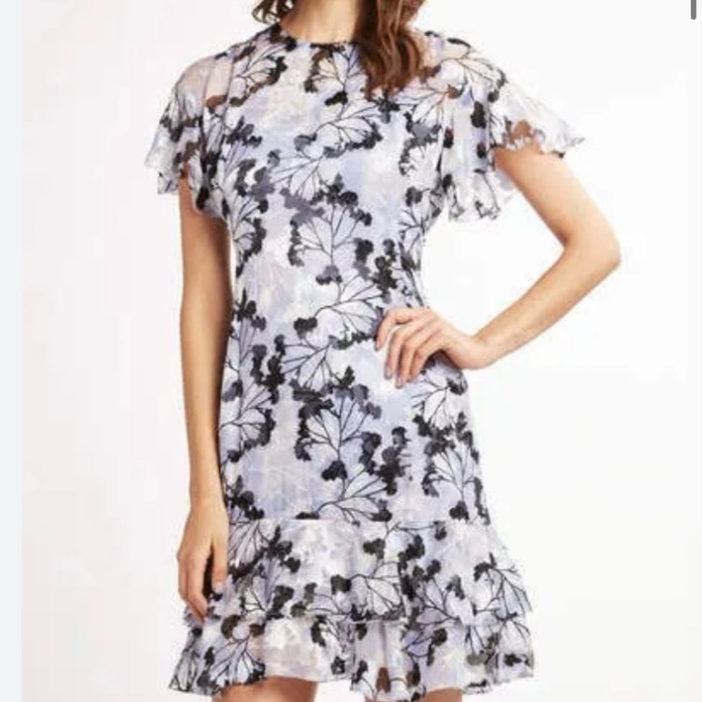 Elie Tahari Yonica Silk Floral Print Ruffle Sleeve Dress